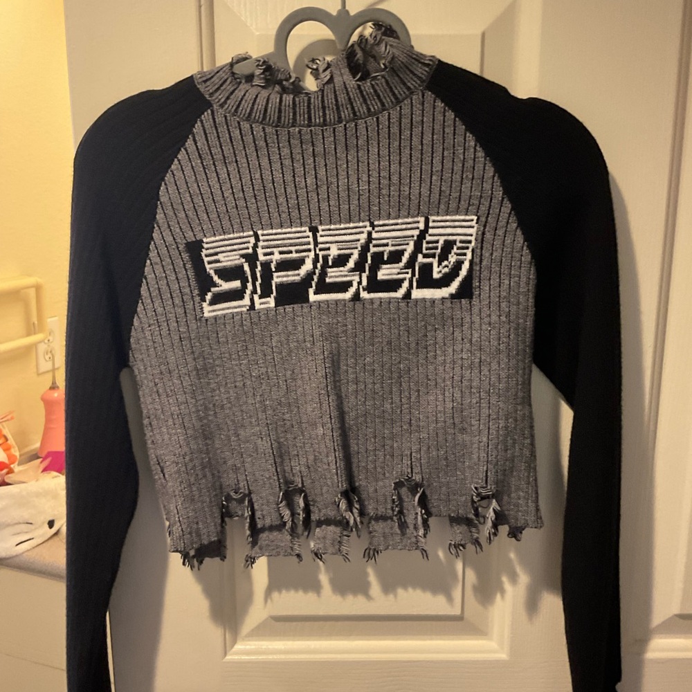Gray and Black Cropped Sweater with Speed Design